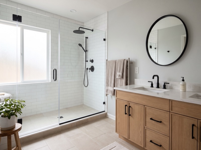 Freshly remodeled bathroom with a walk-in shower and new vanity